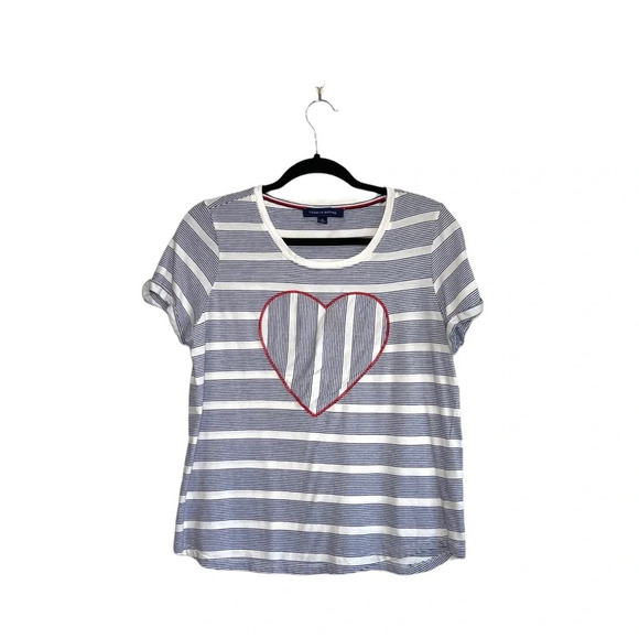 Tommy Hilfiger White & Blue Striped Embroidered Heart Front Tee Medium Women’s - Picture 11 of 11